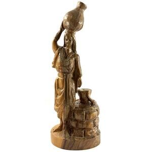 Hand Carved Olive Wood Figurine Woman with Water Jug at Well Folk Art 10.5”